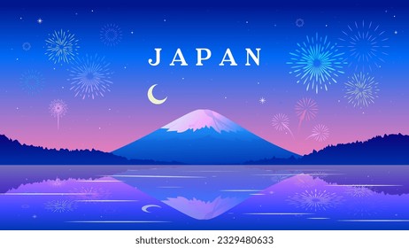 Japan night landscape background vector illustration. Mount Fuji with fireworks reflection on Lake.