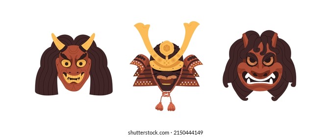 Japan noh masks for Asian kabuki theater. Angry Japanese devils, monsters heads with horns, evil faces set. Oriental namahage, ondeko, men yoroi. Flat vector illustrations isolated on white background