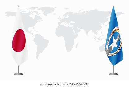 Japan and Northern Mariana Islands flags for official meeting against background of world map.