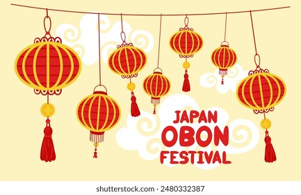 Japan Obon Festival. Japanese Obon Lantern Festival on a white background. summer traditional festival is dedicated to the Day of the Dead in Japan. August 13-15. Lanterns hanging a lot, inscription