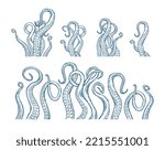 Japan octopus tentacles reaching upwards, squid-like marine animal body parts protruding from out of frame, cut for food or frame design, cartoon sketch vector illustration. Sea animal. 
