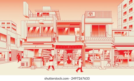 Japan, alter Laden beherbergt Vintage Street mit Essensständen und Convenience Store.