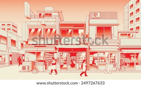 Japan, old shop houses vintage street with food stalls and convenience store.