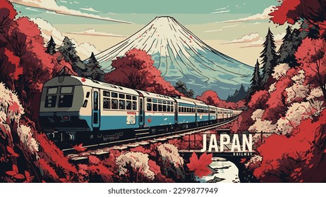 Japan old Train with Mount Fuji Autumn scenery background. Suitable for calendar, postcard, poster and banner. Comic art Vector Illustration.
