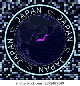 Japan on globe vector. Futuristic satelite view of the world centered to Japan. Geographical illustration with shape of country and squares background. Bright neon colors on dark background.