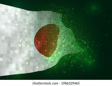 Japan, on vector 3d flag on green background with polygons and data numbers