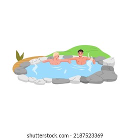 Japan onsen with hot spring bath. Cartoon young men relaxing in vector thermal pool of japanese spa hotel with hot water, steam, rocks and wood pathway. People visiting outdoor sauna, geothermal onsen