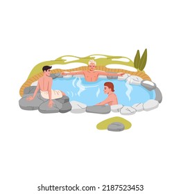 Japan onsen hot spring bath, cartoon young men relaxing in thermal pool with rocks, hot water and steam. Vector japanese spa bath tub, outdoor sauna winter pool of geothermal spring with wood pathway