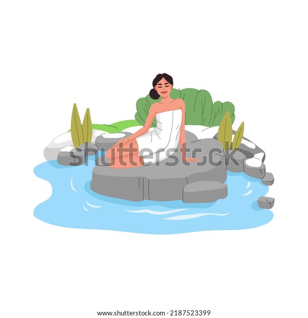 Japan onsen hot spring bath tub. Woman with towel\
relaxing in thermal pool of vector japanese spa. Cartoon outdoor\
sauna bathtub with rocks, hot water, steam and green plants, onsen\
spa resort tours