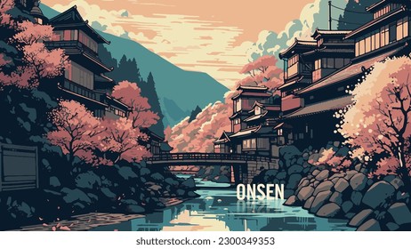 Japan Onsen Hot Spring. Geeignet für Web-Banner, Poster und Magazin. Japan Tourismus. Moderne Illustrationen im Stil von Animes. Vektorgrafik