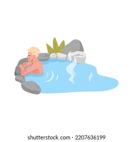 Japan onsen, man relaxing in spring thermal pool or bath with rocks, hot water and steam. Vector japanese spa, cartoon people taking hot spring tub or bathtub. Spa tours, recreation resort hotel