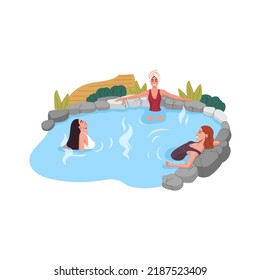 Japan onsen, women relaxing in hot spring thermal pool or bath of vector japanese spa hotel. Cartoon people bathing at onsen, outdoor winter sauna tub or bathtub with hot water, steam and wood pathway