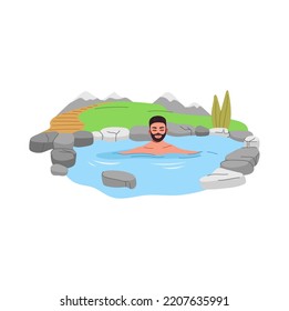 Japan onsen. Young man relaxing in hot spring bath or thermal pool with vector rocks, hot water, wood pathway and snowy mountains landscape. Japanese spa hotel or ryokan, asian recreation resort tours