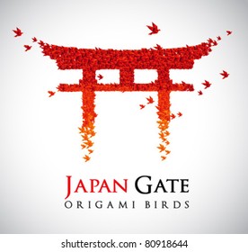 Japan origami gate Torii shaped from flying birds