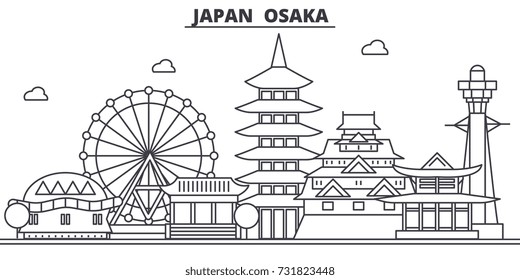 Japan, Osaka architecture line skyline illustration. Linear vector cityscape with famous landmarks, city sights, design icons. Landscape wtih editable strokes