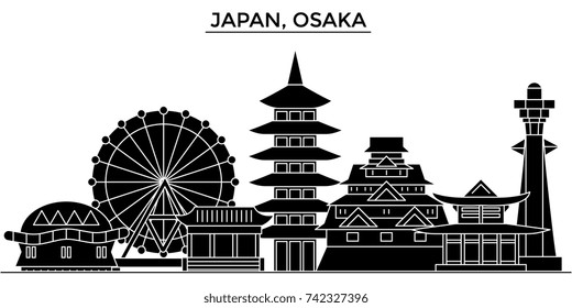 Japan, Osaka architecture vector city skyline, travel cityscape with landmarks, buildings, isolated sights on background