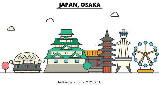 Japan, Osaka. City skyline: architecture, buildings, streets, silhouette, landscape, panorama, landmarks. Editable strokes. Flat design line vector illustration concept. Isolated icons set
