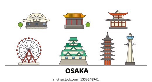 Japan, Osaka flat landmarks vector illustration. Japan, Osaka line city with famous travel sights, design skyline. 