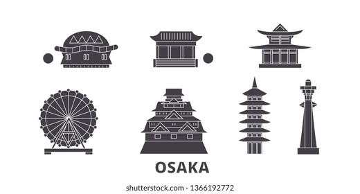 Japan, Osaka flat travel skyline set. Japan, Osaka black city vector illustration, symbol, travel sights, landmarks.