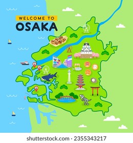 Japan Osaka map vector illustration. Welcome to Osaka. Beautiful tourist attraction