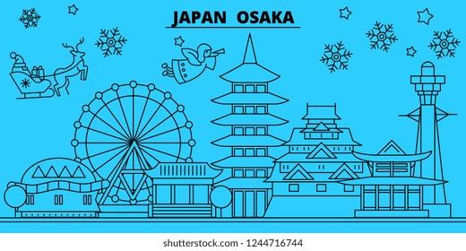 Japan, Osaka winter holidays skyline. Merry Christmas, Happy New Year decorated banner with Santa Claus.Japan, Osaka linear christmas city vector flat illustration