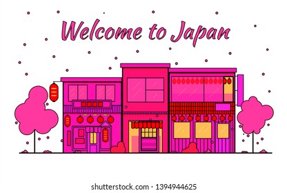 Japan outline horizon. Old Town, shopping old streets. Japan cityscape, Japanese travel city vector banner. City silhouette. Sakura blooming and falling leaves petals. In pink colors on a white backgr