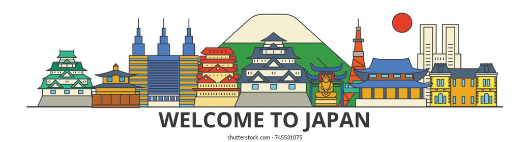 Japan outline skyline, japanese flat thin line icons, landmarks, illustrations. Japan cityscape, japanese travel city vector banner. Urban silhouette