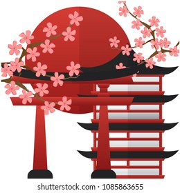 Japan Pagoda Gate Sunset Sakura Background Vector Image
