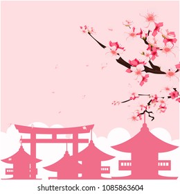 Japan Pagoda Sakura Pink Background Vector Image
