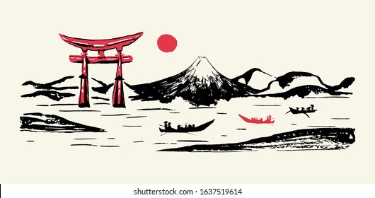 Japan panorama vector ink brush calligraphy background. Japanese mountain Fuji mount, Torii gates and red sun rise scenery with fisher boats on river, ink paint brush sketch and hand drawn graphic