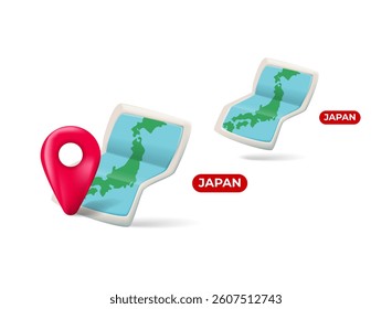 japan paper maps with pin navigation 3d modern vector icon for business, trip, vacation, traveling