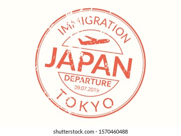 Japan Passport stamp. Visa stamp for travel. Tokyo international airport grunge sign. Immigration, arrival and departure symbol. Vector illustration.