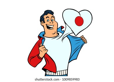 Japan patriot male sports fan flag heart. isolated on white background. Comic book cartoon pop art retro illustration