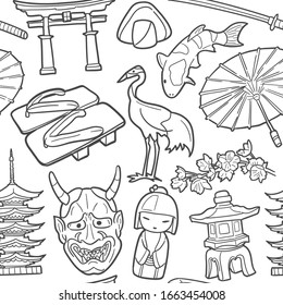 Japan Pattern Symbols. Doodle Style Vector Background. Illustration Traditional Elements.