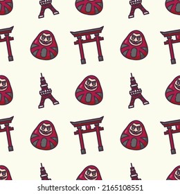 Patrón sin igual con la Puerta Torii de Japón, la Torre de Tokio, Daruma, vector e ilustración