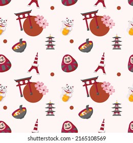 Japan pattern with Japan Torii Gate, Tokyo Tower, Daruma, ramen, vector and illustration