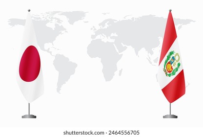 Japan and Peru flags for official meeting against background of world map.