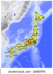 Japan. Physical vector map, colored according to elevation, with rivers, ocean depths and selected cities. Surrounding territory greyed out. 41 layers, fully editable. Data source: NASA