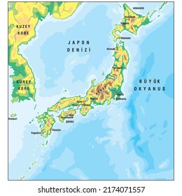 Japan Physical Vector Map With Main Cities And Bathymetry