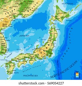 Japan physical vector map with main cities and bathymetry.
