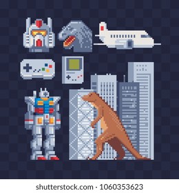 Japan pixel art icons set part 4, gamepad, dinosaur and robot character japanese technologies, isolated vector illustration. Design for sticker logo and mobile app. Game asset 8-bit sprite.