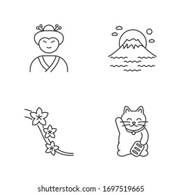 Japan pixel perfect linear icons set. Geisha face. Mount Fuji. Traditional japanese attributes. Customizable thin line contour symbols. Isolated vector outline illustrations. Editable stroke