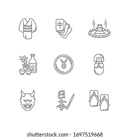 Japan pixel perfect linear icons set. Yukata, kimono. Mahjong game. Traditional japanese attributes. Customizable thin line contour symbols. Isolated vector outline illustrations. Editable stroke