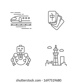 Iconos lineales perfectos en píxeles de Japón. Tren bala asiático, shinkansen. Atributos tradicionales japoneses. Símbolos de contorno de línea delgada personalizables. Ilustraciones aisladas del contorno vectorial. Trazo editable