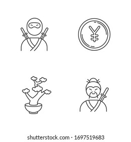 Japan pixel perfect linear icons set. Ninja warrior. Yen coin. Bonsai tree. Traditional japanese symbols. Customizable thin line contour symbols. Isolated vector outline illustrations. Editable stroke