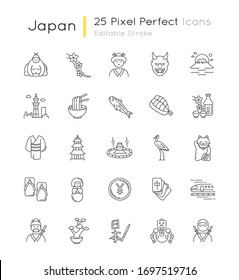 Japan pixel perfect linear icons set. Koi carp. Ramen and sushi. Traditional japanese symbols. Customizable thin line contour symbols. Isolated vector outline illustrations. Editable stroke