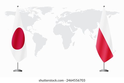 Japan and Poland flags for official meeting against background of world map.