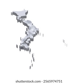 Japan political map of administrative divisions - prefectures, metropilis Tokyo, territory Hokaido and urban prefectures Kyoto and Osaka. 3D isometric blank vector map in shades of grey.