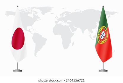 Japan and Portugal flags for official meeting against background of world map.