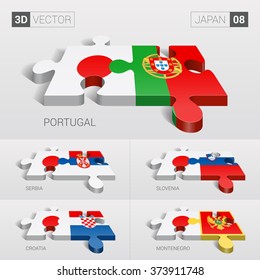 Japan and Portugal, Serbia, Slovenia, Croatia, Montenegro Flag. 3d vector puzzle. Set 08.